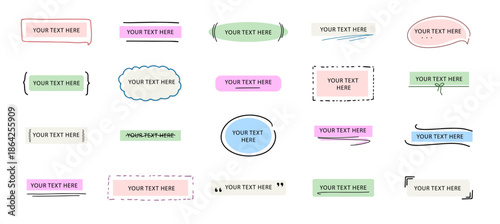 Label vintage handwriting design template. Marker or pen writing text. Ribbon type frame. Square, circle, parentheses, message and lines doodle hand drawn.