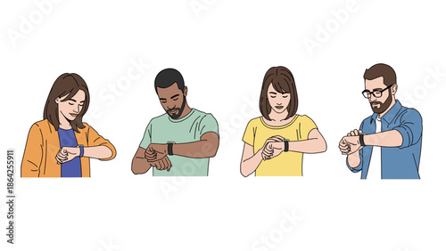 Four diverse individuals, two males and two females, are intently looking at their smartwatches, actively checking time or notifications on their wearable technology.
