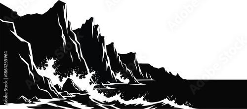 Dramatic black and white silhouette artwork depicting rugged coastal cliffs meeting turbulent ocean waves in a stark graphic landscape design style.