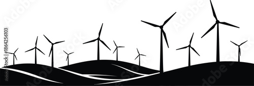 Silhouette illustration of multiple wind turbines generating clean renewable energy standing tall on rolling hills against a bright white background symbolizing sustainable power generation