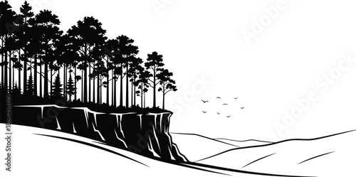 Silhouette illustration depicting a dense forest of tall pine trees perched precariously atop a dramatic cliff overlooking a vast, rolling landscape with birds soaring high in the empty white sky