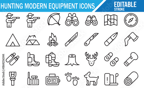 Hunting modern equipment icons set. Vector line art symbols for outdoor adventure, camping, gear, and wildlife tracking. Editable stroke.