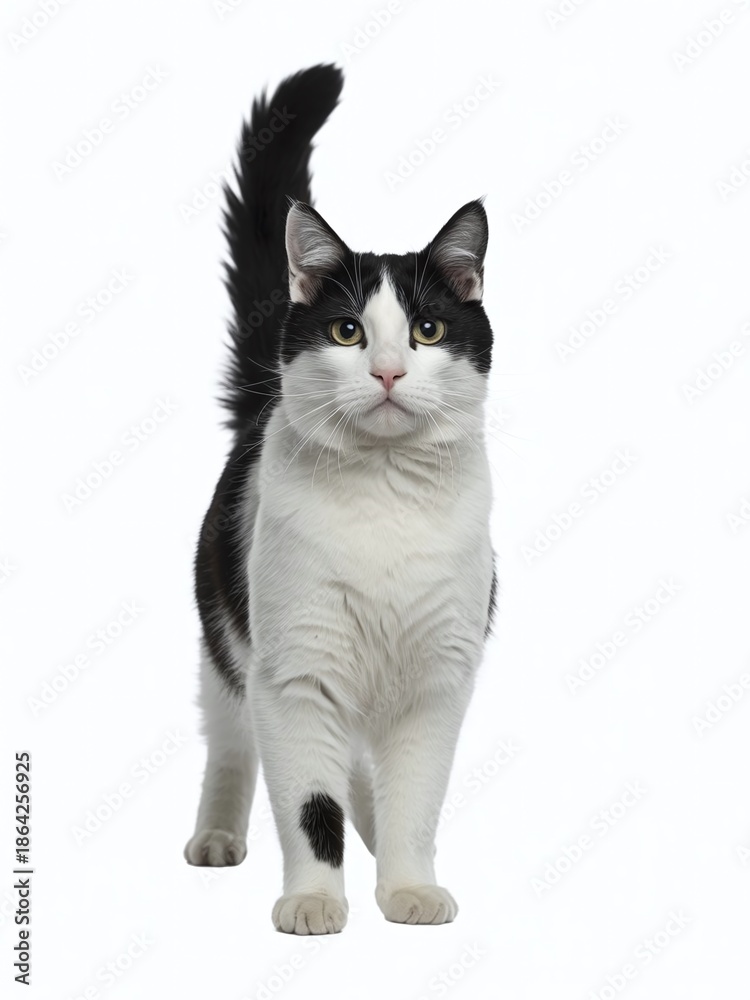 Fototapeta premium Black and white tuxedo cat standing on white background looking curious alert and attentive with long tail up feline pet companion animal portrait photography domestic house cat sitting perfectly