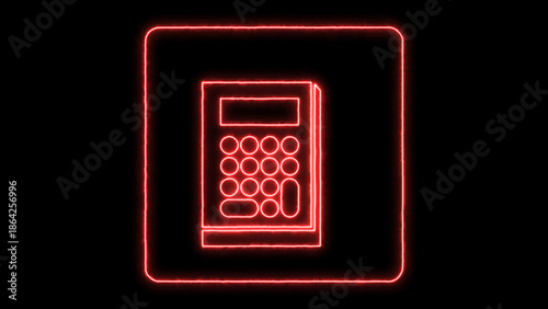 Bright neon red calculator icon glowing with digital light effect, symbolizing mathematics, finance, and accounting, isolated on black background.