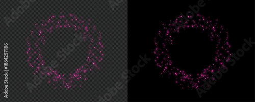 Pink Sparkling Particle Circle Frame with Glowing Dust Glitter on Transparent and Black Backgrounds