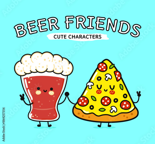 Beer and pizza slice kawaii characters finding friendship