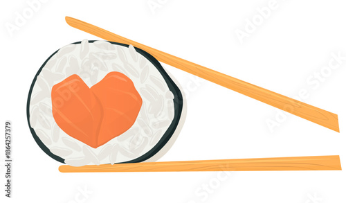 Round  maki sushi rolls with rice salmon inside. mockup for restaurant menu, asian food presentation. Chinese chopsticks. Vector illustration. isolated on a white background.