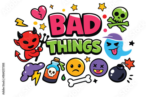 Bright Pop Art "Bad Things" Sticker Set with Characters and Icons