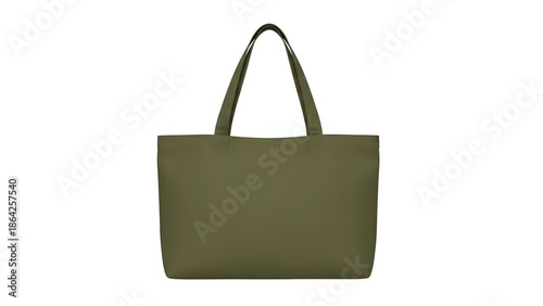 A large olive green tote bag with two handles on transparent background