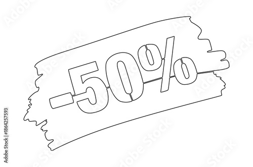 Continuous one line drawing of Minus Fifty percent. Single line drawing illustration of Sale Minus 50 percent. Shop Discount concept vector art. Doodle line illustration.