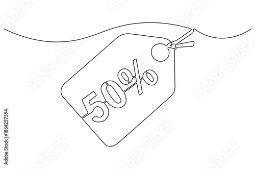 Continuous one line drawing of Minus Fifty percent. Single line drawing illustration of Sale Minus 50 percent. Shop Discount concept vector art. Doodle line illustration.