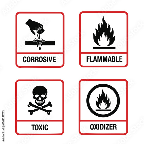 Gas safety symbols corrosive flammable toxic oxidizer pictogram icons set vector illustration