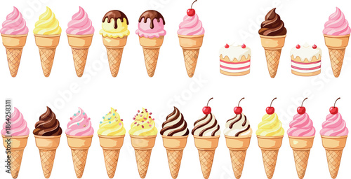 Large Vector Collection of Ice Cream Cones and Sundae Desserts