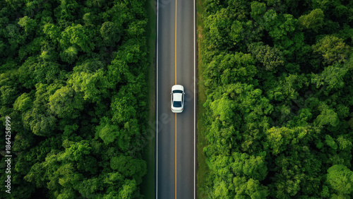 Top view of car on straight road surrounded by dense forest. Nature route concept.