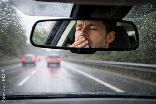 Driver tired face and yawning reflect in rearview mirror on rainy highway, showing exhaustion and need for alertness during trip.