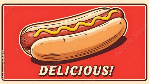 Vintage Pop Art Hot Dog Illustration with Mustard and 