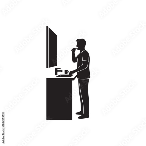 silhouette of person brushing teeth white background