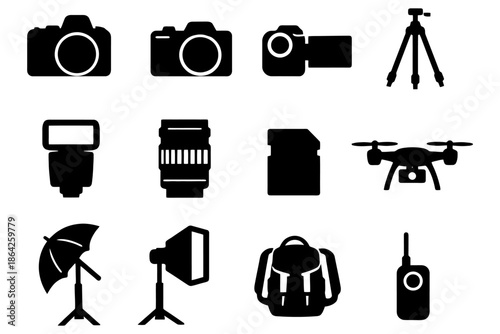 Camera equipment icons set including lens and tripod.