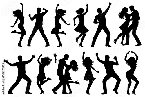 Silhouettes of dancing couples: energetic male and female figures in motion.