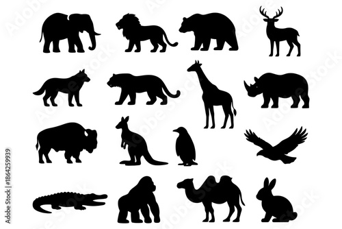 Silhouettes of diverse wildlife animals in various poses and shapes.