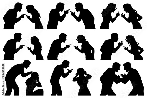 Silhouettes of different couples arguing and confronting each other.
