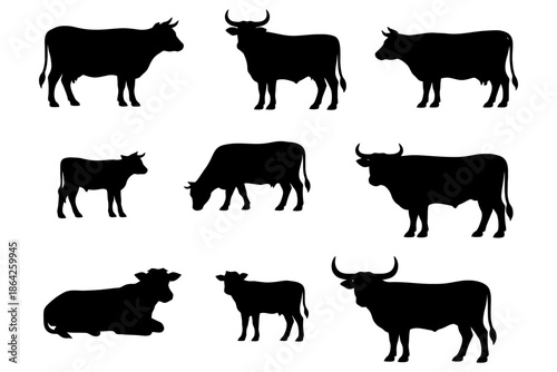 Set of eight cow silhouettes in various poses on white background.