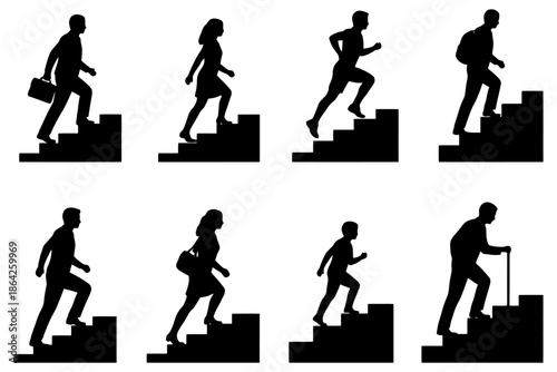 Silhouettes of diverse people ascending stairs: progress and journey.