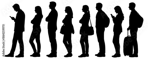 Silhouettes of diverse adults waiting in line: men and women standing with luggage.