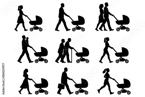 Silhouette collection of diverse people with baby strollers.