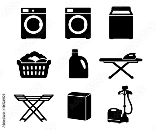 Home laundry essentials: washing machines, ironing boards, and detergents icons.