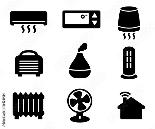 Collection of black household climate control icons for heating and cooling systems.