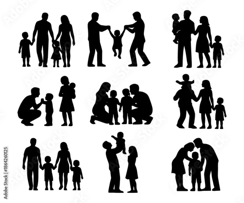 Silhouette of diverse families in various activities and poses.