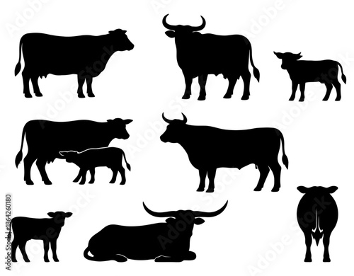 Collection of silhouetted cattle in various poses on white background.