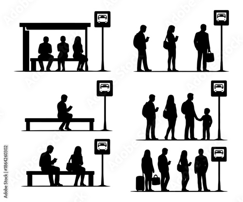 Silhouettes of people waiting at bus stops with varied poses and groupings.