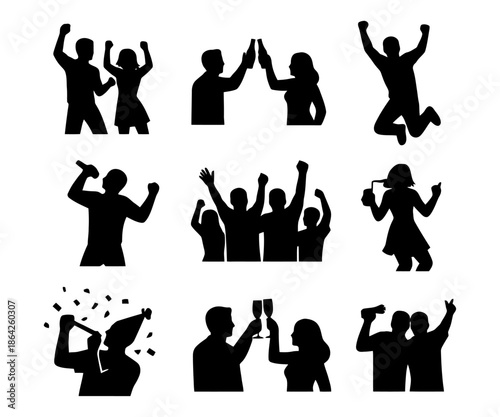 Silhouette celebration: diverse group enjoying party activities and cheers.