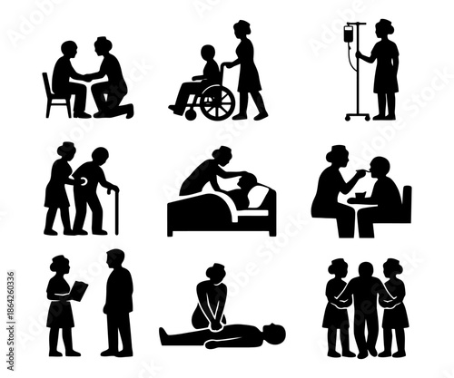 Silhouettes of healthcare and medical assistance activities and caregiving.