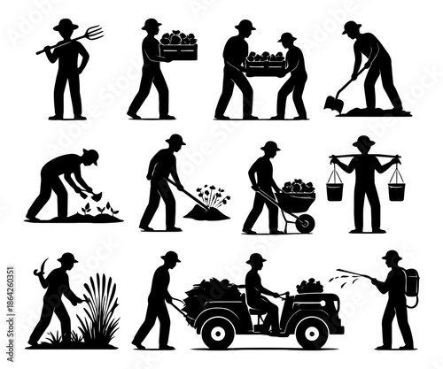Silhouette illustrations of farmers engaged in various agricultural tasks.