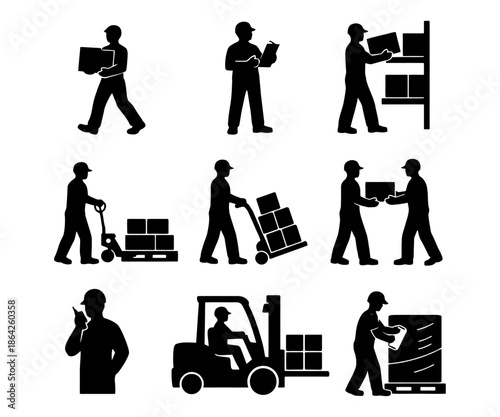 Silhouette illustrations of delivery workers engaged in various shipping and warehouse activities.