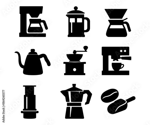 Collection of coffee brewing equipment silhouettes including grinder and coffee beans.