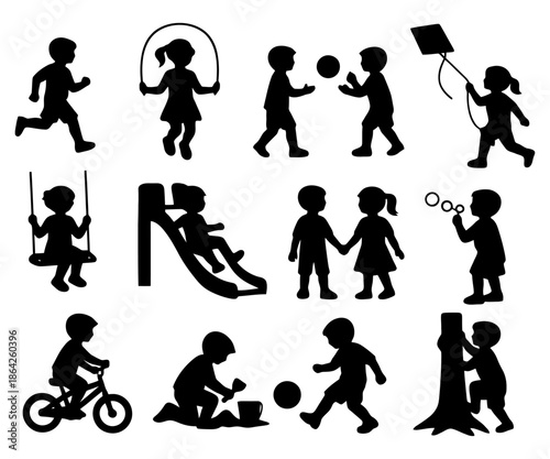 Silhouettes of children playing with toys and engaging in outdoor activities.