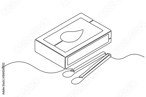 Continuous one line drawing of Matches in box with slow burn. Single line drawing illustration of Half-open matchbox with a stack of matches. Fire starter concept vector art. Doodle line illustration.