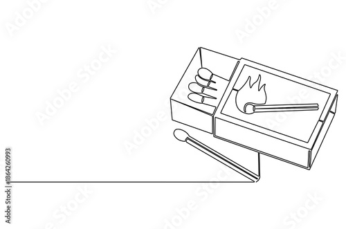 Continuous one line drawing of Matches in box with slow burn. Single line drawing illustration of Half-open matchbox with a stack of matches. Fire starter concept vector art. Doodle line illustration.