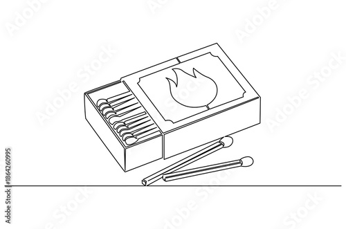 Continuous one line drawing of Matches in box with slow burn. Single line drawing illustration of Half-open matchbox with a stack of matches. Fire starter concept vector art. Doodle line illustration.