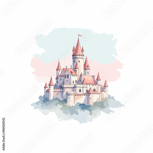 Whimsical Watercolor Fairytale Castle Illustration with Pastel Pink Towers on White Background