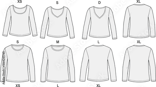 cad drawing flat vector, long sleeve shirt size comparison, fashion template, garment style chart, apparel illustration front back