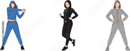 cad drawing flat vector, hooded tracksuit poses, athletic fashion illustration, jogging stretching stance, sporty outfit set, activewear design