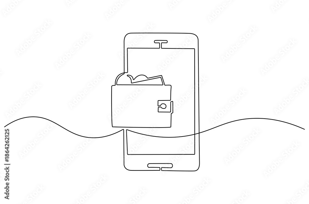 Obraz premium Continuous one line drawing of Sending and receiving payment with a smartphone. Single line drawing illustration of Electronic wallet. Financial savings concept vector art. Doodle line illustration.