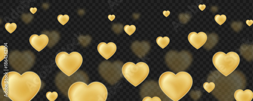 Golden 3D Hearts Background with Soft Bokeh Blur and Floating Love Shapes on Transparent Background