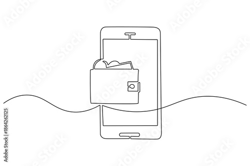 Continuous one line drawing of Sending and receiving payment with a smartphone. Single line drawing illustration of Electronic wallet. Financial savings concept vector art. Doodle line illustration.