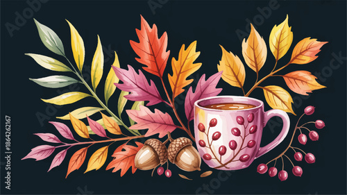 Autumn leaves and acorns with a cup of coffee